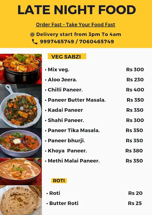 Main course menu with dal makhani, rajma, rice, butter chicken, chilli chicken and egg curry at Late Night Cafe Mussoorie