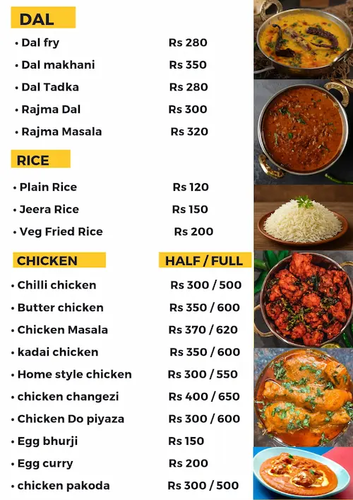 Veg sabzi menu with paneer butter masala, kadai paneer, shahi paneer, roti and butter roti at Late Night Cafe Mussoorie