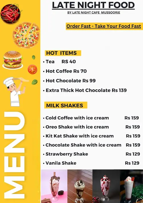 Cafe menu at Late Night Cafe Mussoorie